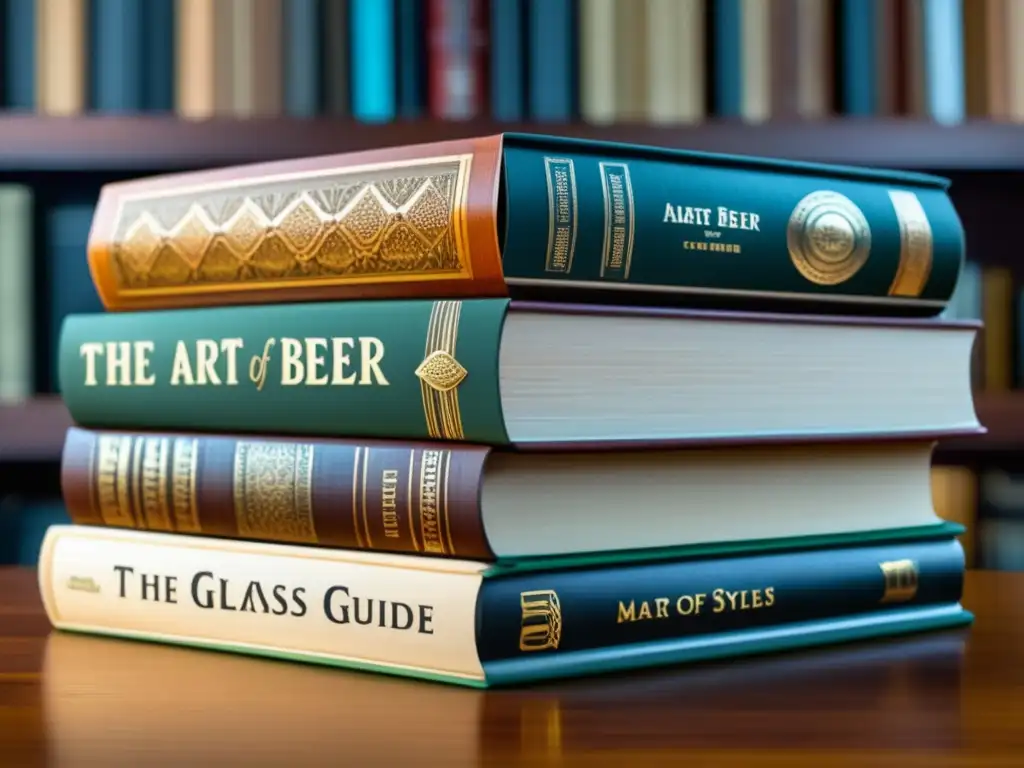 Libros de cerveza artesanal detallados Recursos de Estudio: Pila de libros de cerveza artesanal con detalles y diseño de portadas intrincadas