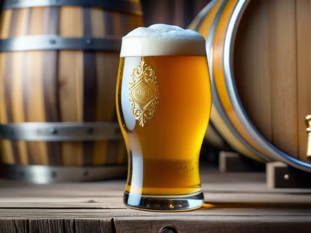 Cerveza artesanal dorada con espuma y burbujas Una cerveza artesanal dorada con burbujas y espuma, en barriles de madera