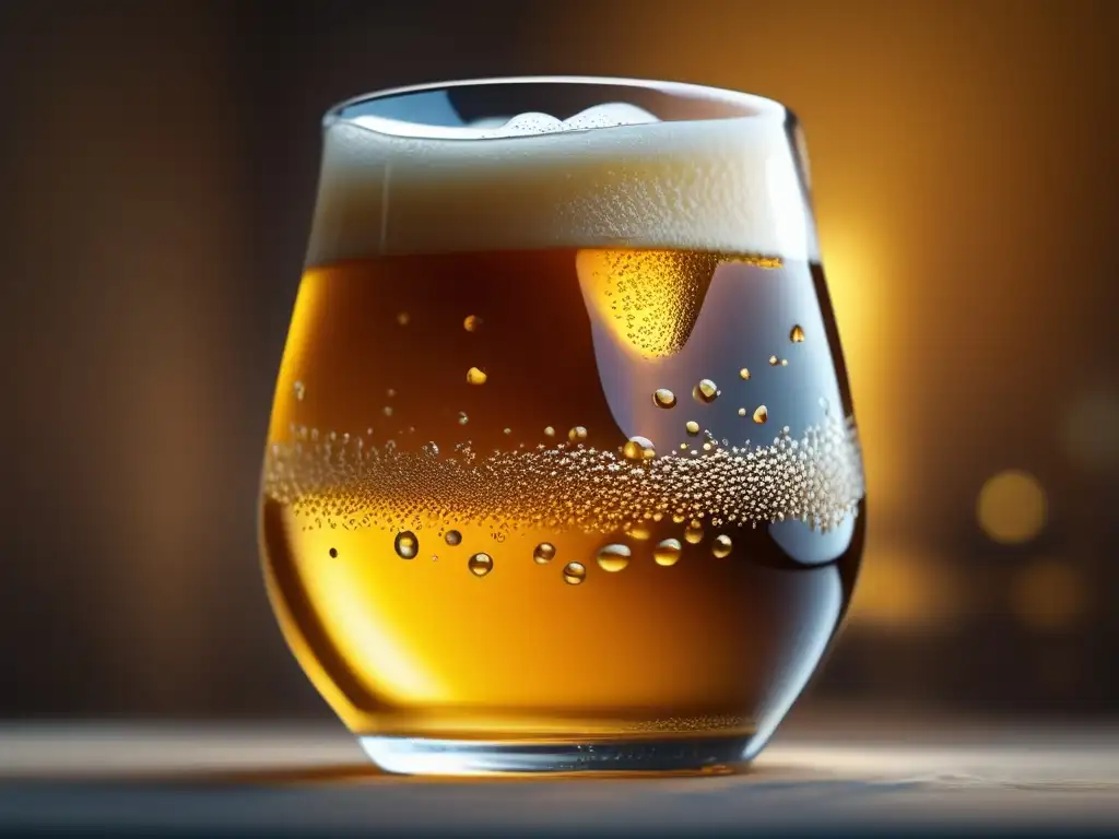 Cerveza artesanal dorada con espuma cremosa Imagen detallada de una cerveza artesanal en copa, mostrando su color y burbujas