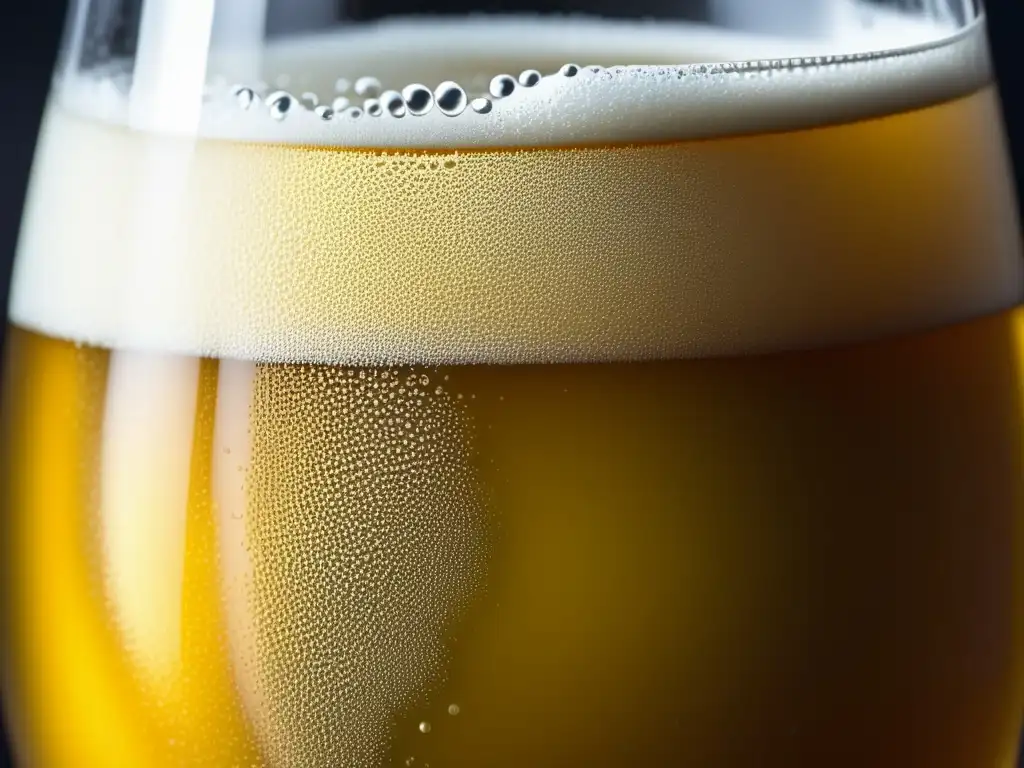 Cerveza Gueuze lambic dorada en vaso - Detalle fascinante de una cerveza Gueuze lambic dorada en un vaso, con burbujas efervescentes y un suave acabado mate