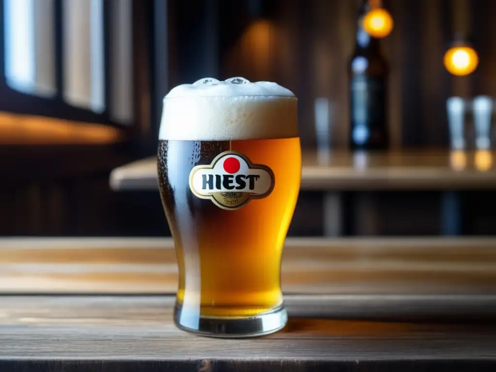 Cerveza Hitachino: Detalles ultradetallados de una cerveza dorada con burbujas y espuma blanca en un vaso sobre una mesa de madera