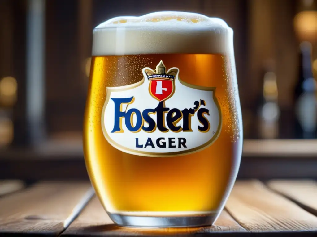 Imagen detallada de una cerveza Foster's Lager en una mesa de madera