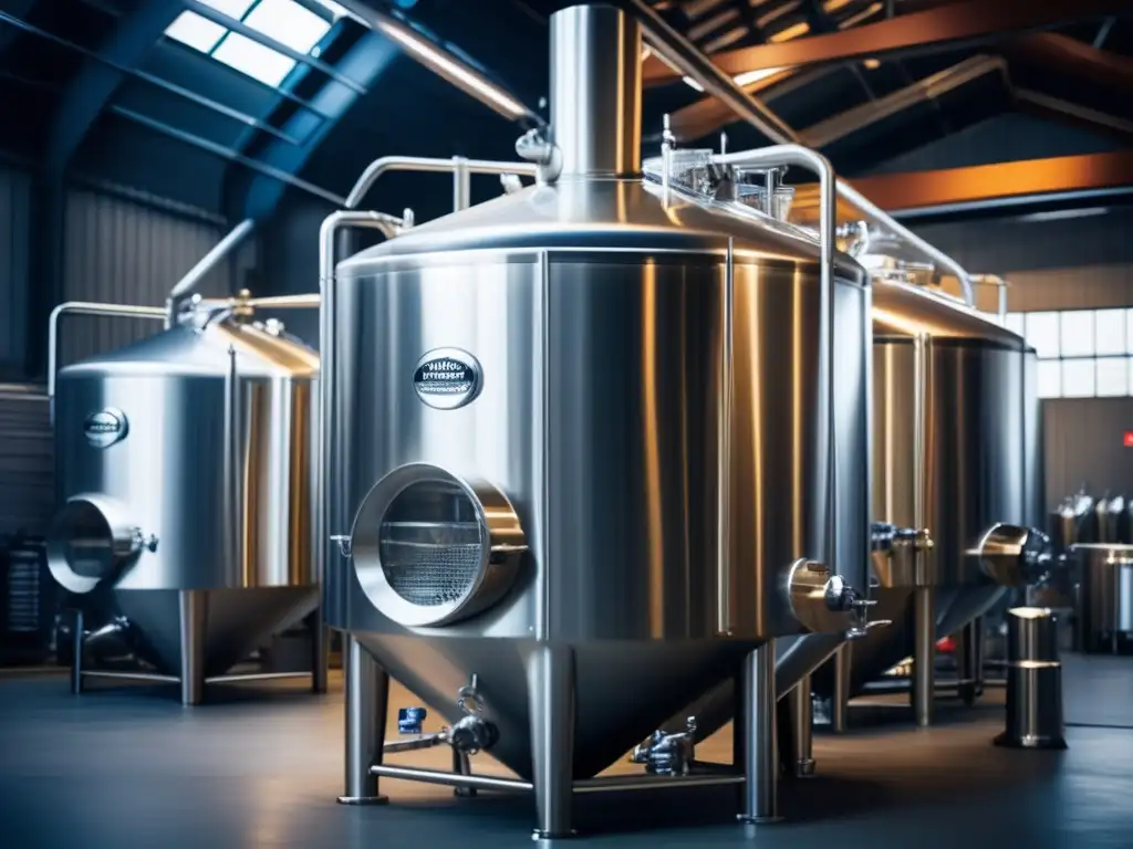 Reseña fermentadores: Imagen detallada de un fermentador cónico en una cervecería, resaltando texturas, detalles y beneficios