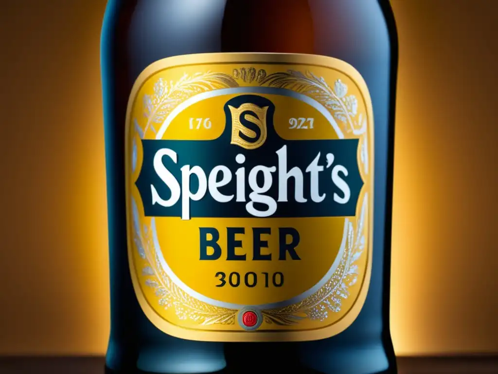 Detalle impresionante de una botella de cerveza Speight's Speight's beer bottle: Detalles de la botella de cerveza Speight's, con el logo icónico destacado en la etiqueta