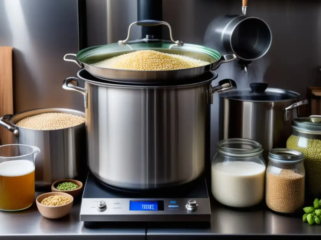 Control preciso en elaboración de cerveza casera Taller de Homebrewing: Detallada imagen de una configuración casera de elaboración de cerveza, mostrando control y precisión en los ingredientes