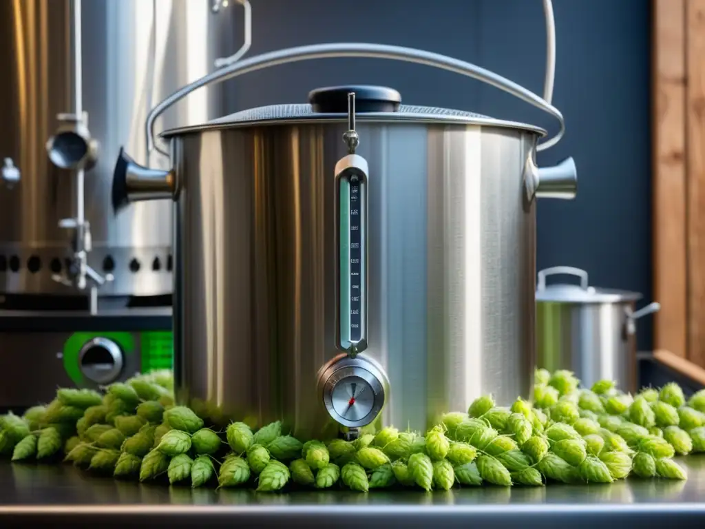 Equipo de elaboración casera de cerveza Imagen detallada de equipo para homebrewing básico con kettle de acero inoxidable, fermentador de vidrio y lúpulos
