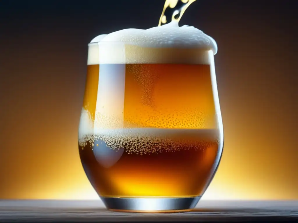 Cerveza dorada vertiéndose en copa con burbujas y espuma, inspirada en Ninkasi