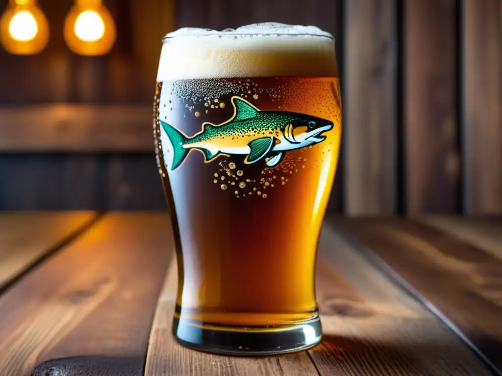 Cerveza Dogfish Head en vaso de pintura Cerveza Dogfish Head en vaso de cristal con burbujas y detalles de madera rústica