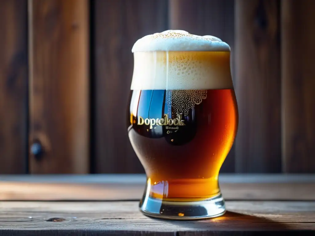 Cerveza Doppelbock en mesa rústica Cerveza Doppelbock dorada en vaso, con espuma cremosa y ambiente acogedor