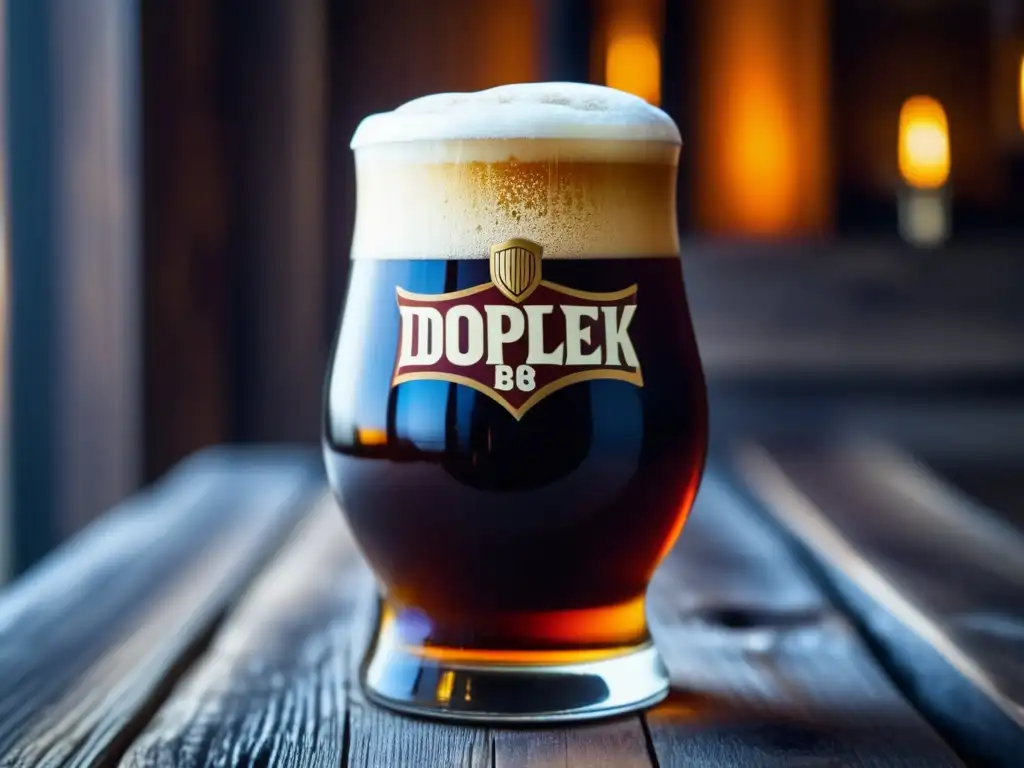 Cerveza Doppelbock oscura con espuma cremosa y detalles de burbujas en vidrio sobre superficie de madera