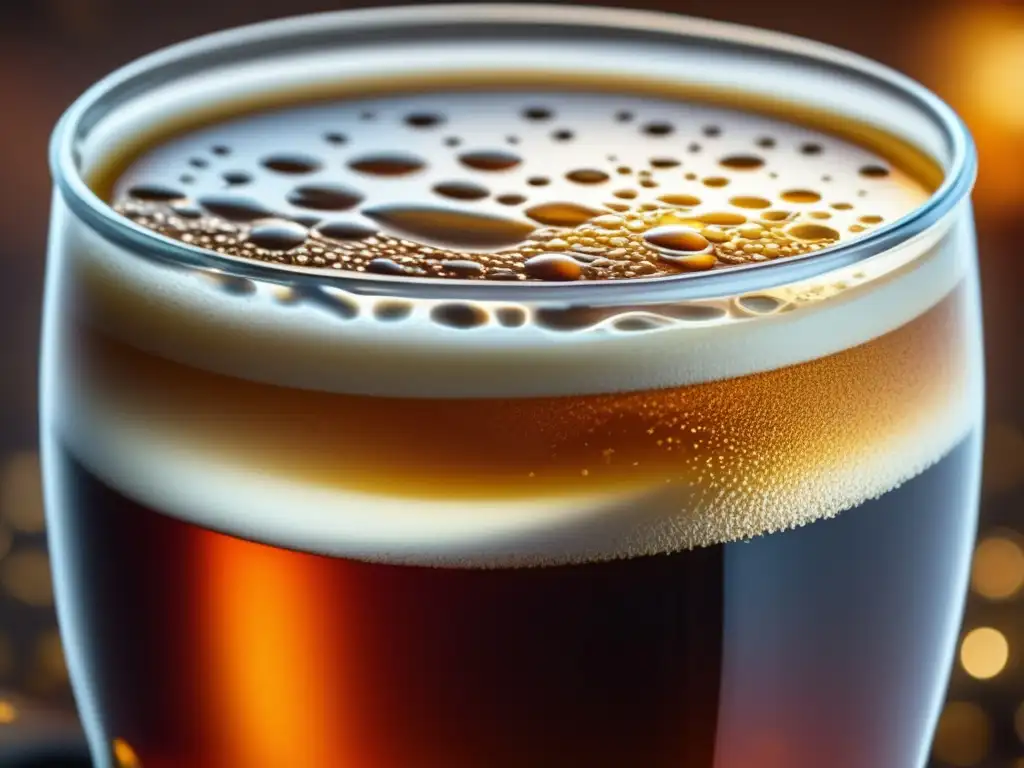 Exquisito Doppelbock con burbujas y espuma Imagen detallada de una copa de cerveza Doppelbock, con color ámbar oscuro y burbujas elegantes