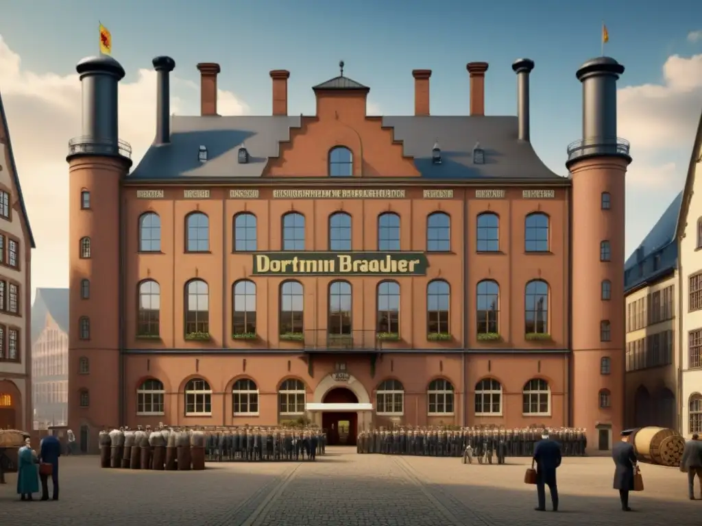 Fundación de Dortmunder Actien Brauerei Birrera Dortmunder Actien Brauerei en el siglo XIX, hombres vierten cerveza dorada en barriles de madera en Dortmund, Alemania