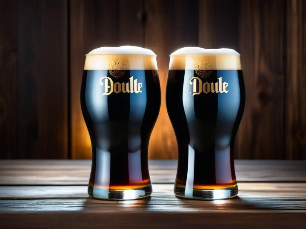 Cerveza Double Stout: Rico y oscuro Dos vasos llenos de cerveza Double Stout, de aspecto oscuro con espuma cremosa y elegantes burbujas en un ambiente sofisticado