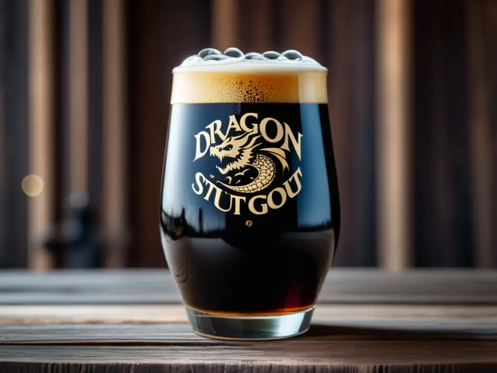 Imagen detallada de cerveza Foreign Extra Stout en vaso de vidrio, rodeada de ingredientes que realzan su sabor