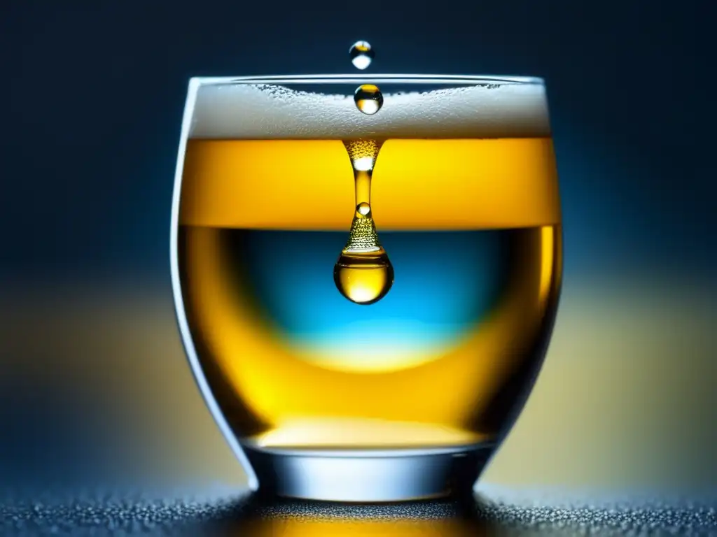 Detalle impresionante: gota de agua en borde de vaso de cerveza dorada, refleja entorno con precisión, curva delicada