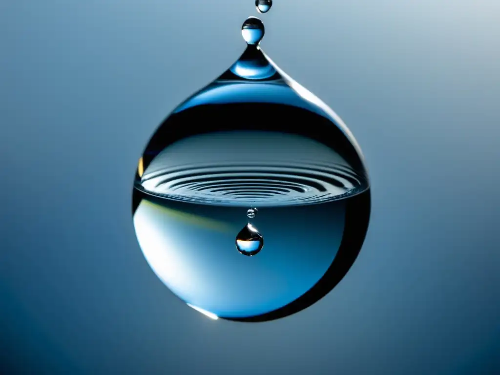 Una gota de agua cristalina suspendida en el aire, con detalles increíbles y reflejos perfectos del entorno