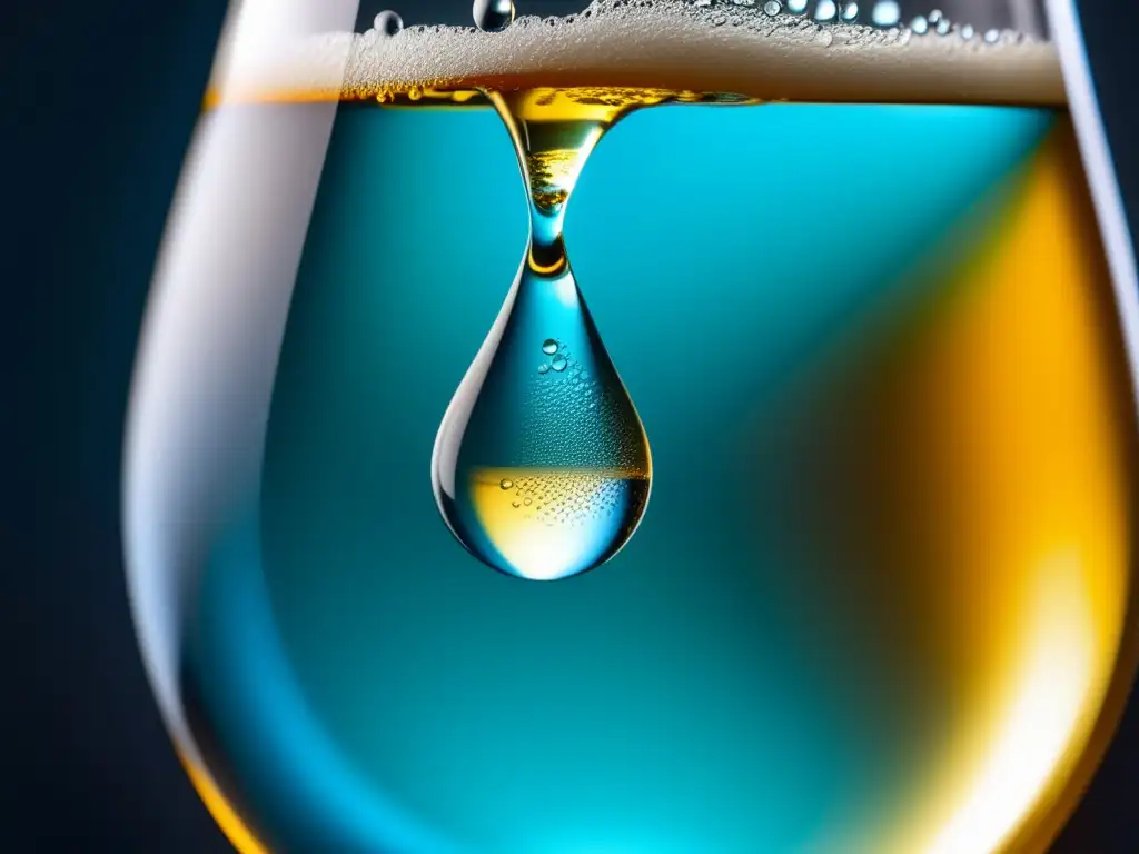 Detalle en alta resolución de una gota de agua cristalina en un vaso de cerveza, resaltando su forma esférica y las reflecciones de luz