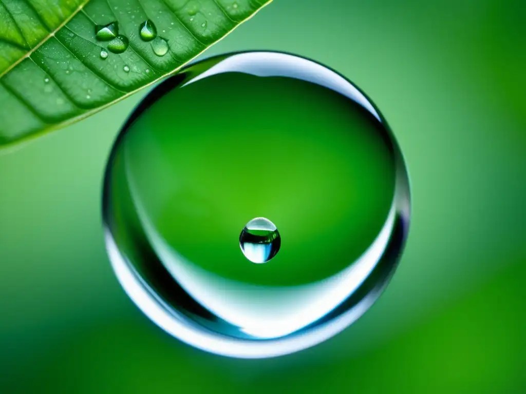 Gotas de agua cristalina en hoja verde Agua adecuada en equilibrio con la naturaleza