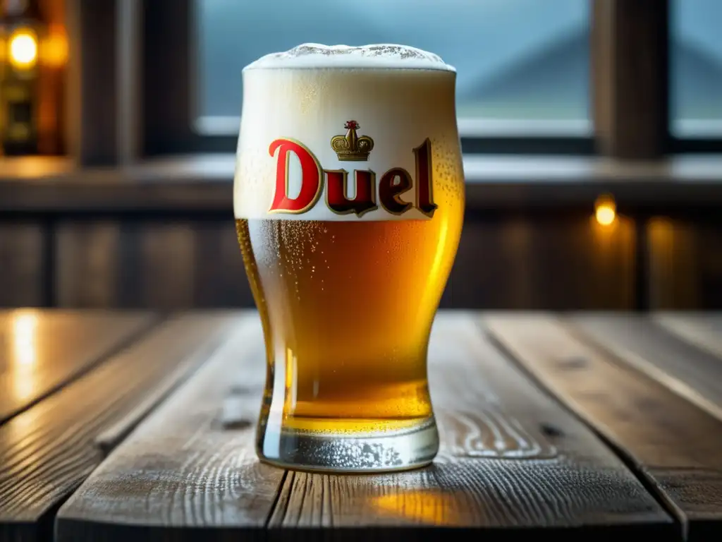 Cerveza Duvel y quesos artesanales Imagen detallada de una copa de Duvel, cerveza belga Strong Pale Ale, con condensación y burbujas, sobre mesa de madera rústica -