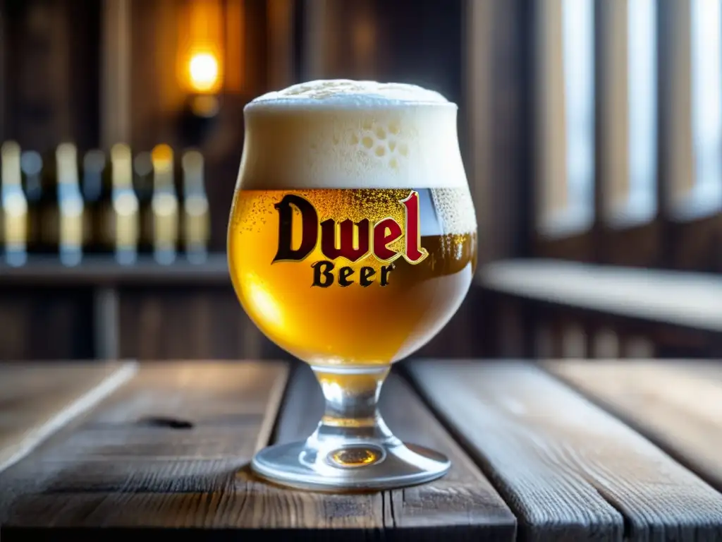 Cerveza Duvel dorada con burbujas Cerveza Duvel Strong Pale Ale en vaso de vidrio, color dorado con espuma blanca