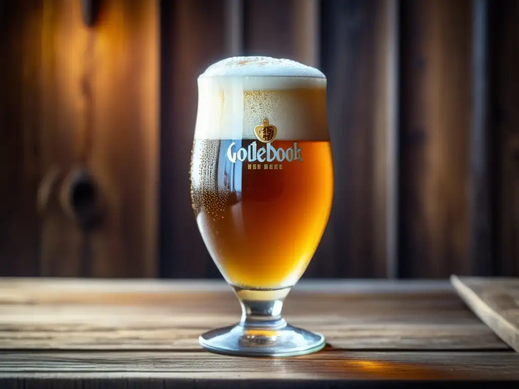 Cerveza Eisbock dorada con espuma y condensación en mesa de madera rústica