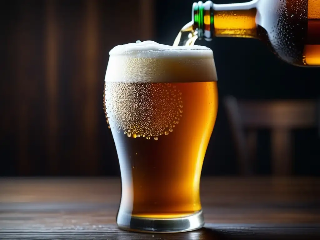 Cerveza Eisbock: Vidrio helado y burbujeante Cerveza Eisbock: vidrio con burbujas y condensación en mesa de madera oscura