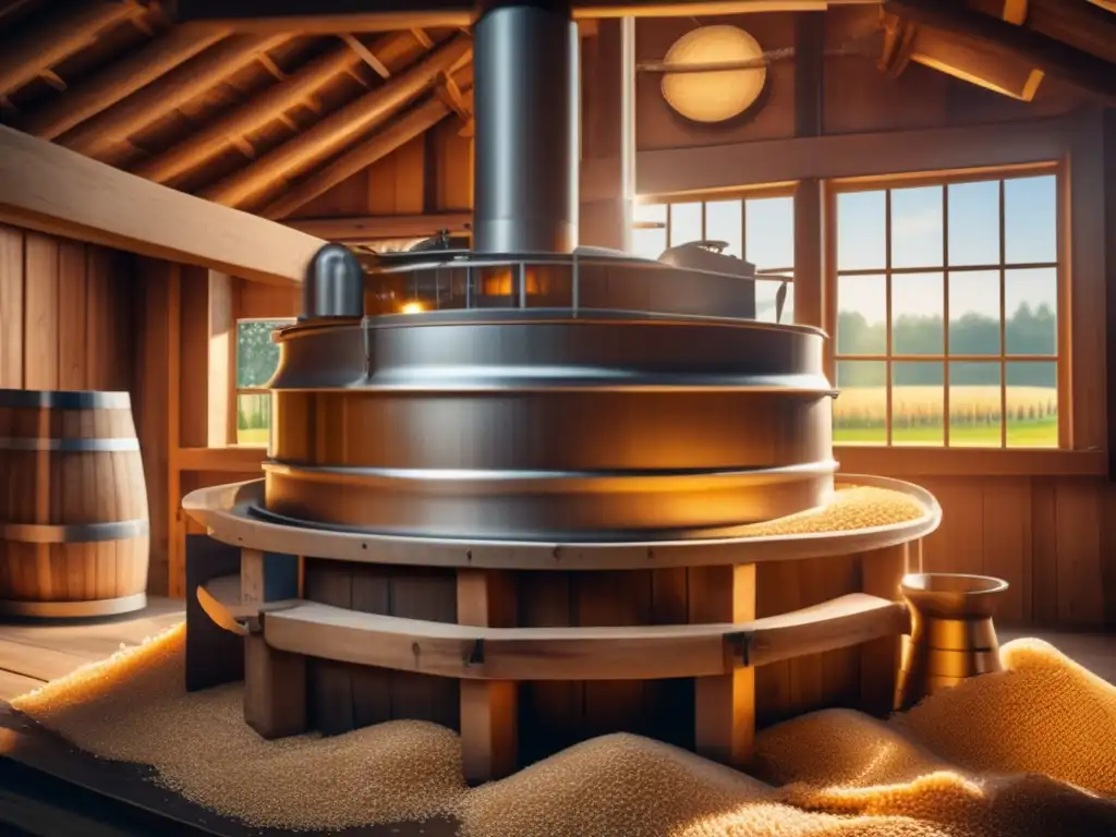 Molino de granos tradicional Detalle del proceso de cocción decocción en una antigua instalación de elaboración de cerveza