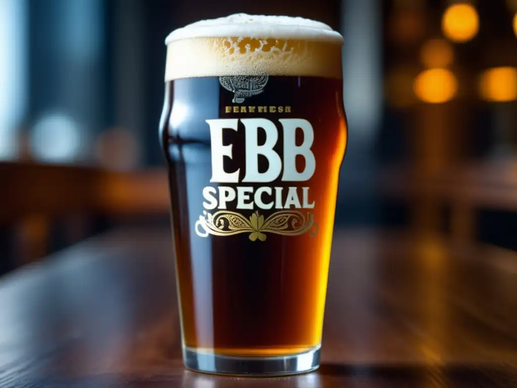Cerveza ESB ámbar con espuma blanca sobre una mesa de madera, con grabados temáticos de cerveza