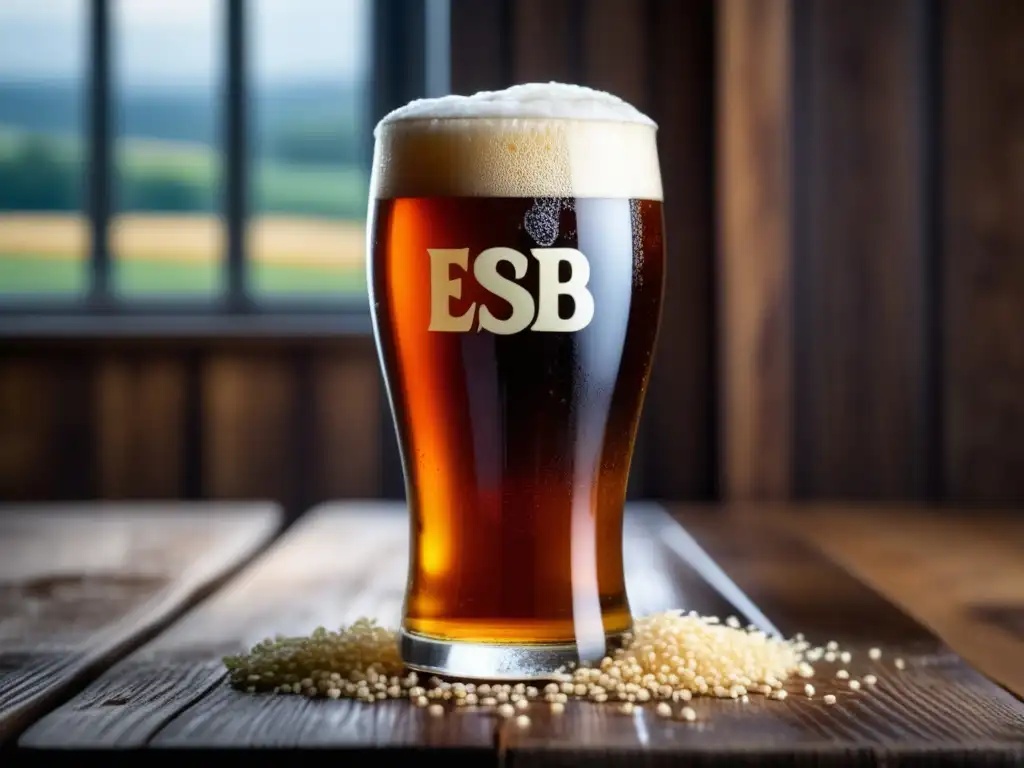 Cerveza ESB ámbar con espuma blanca en vaso de vidrio, rodeado de lúpulo y granos de cebada