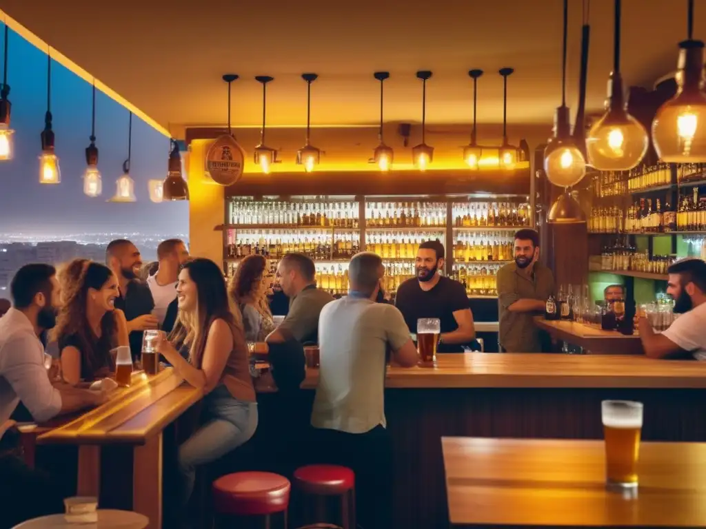 Escena vibrante de la cultura cervecera en Tel Aviv Ruta por Israel: Escena vibrante de la próspera cultura cervecera en Tel Aviv, con un bar de cerveza artesanal lleno de vida y vistas a la ciudad