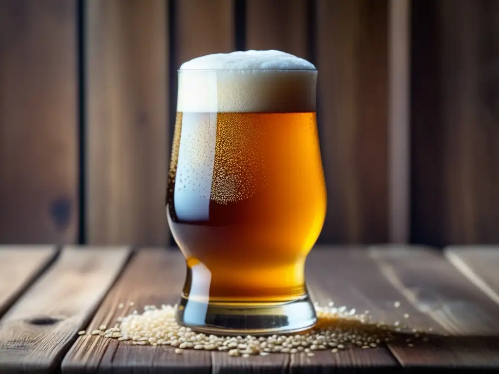 Cerveza Escocesa con burbujas doradas Ale Escocesa en vaso con burbujas doradas, sobre mesa de madera rustica, con granos de cebada y condensación fresca
