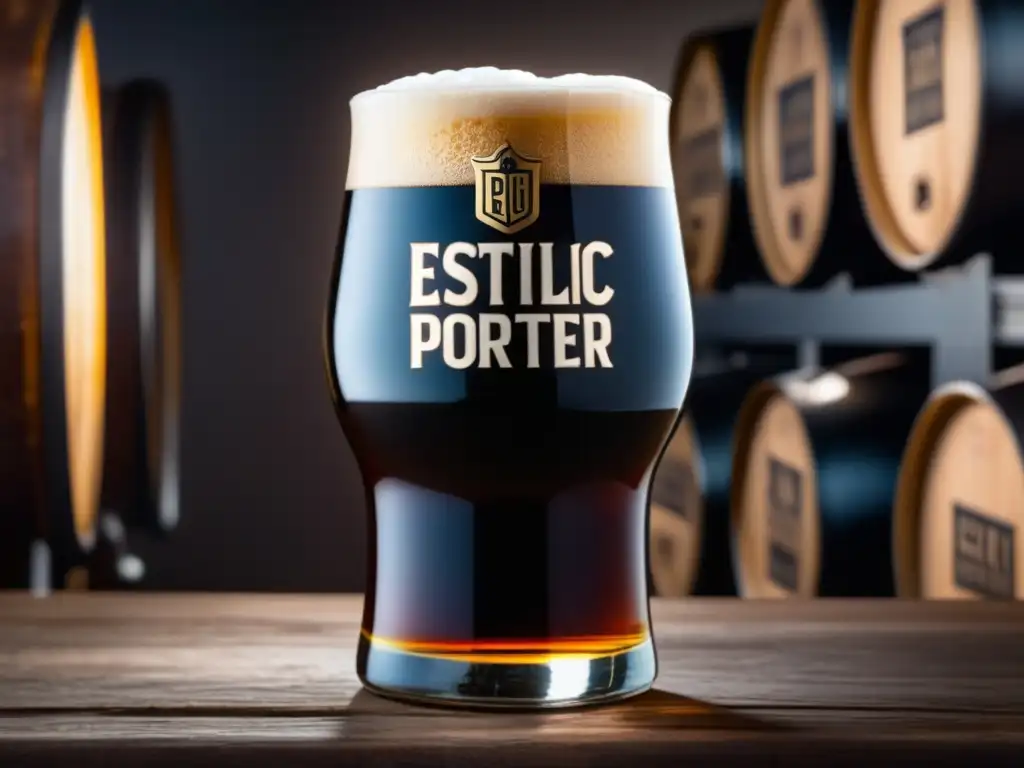 Cerveza Estilo Baltic Porter: Color oscuro, espuma cremosa, detalles intrincados, frescura visual, textura aterciopelada, aroma a cebada y lúpulo
