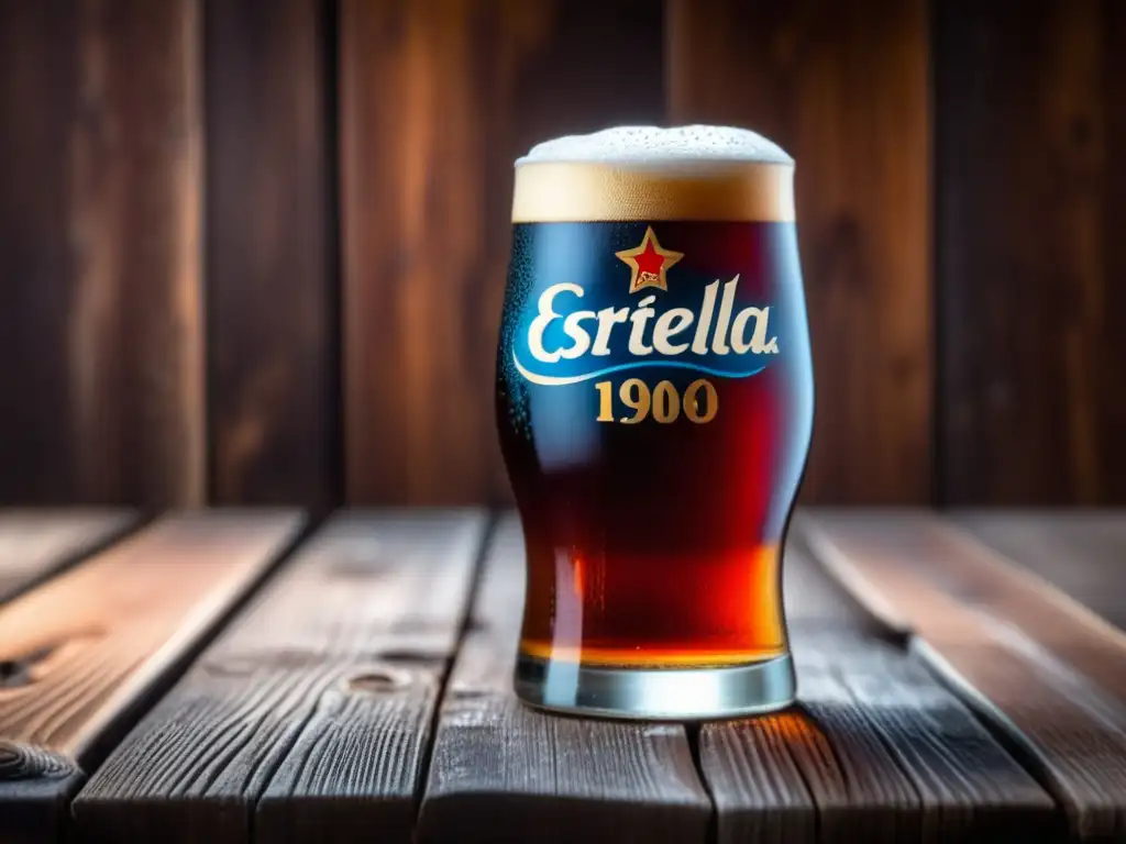Cerveza Estrella Galicia 1906 Red Ale en vaso de vidrio vintage con espuma cremosa