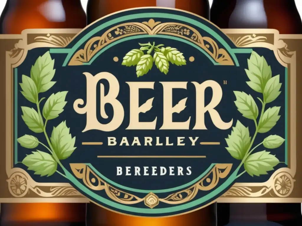 Detalles de la etiqueta de una botella de cerveza: aspectos de la etiqueta, diseños ornamentados y textos legibles