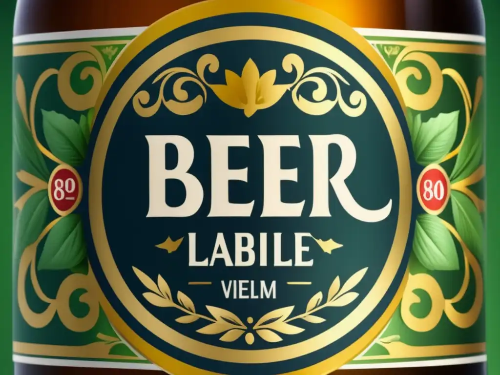 Aspectos de la etiqueta de cerveza en macro, con diseño y detalle, realzando marca, estilo, ABV y más