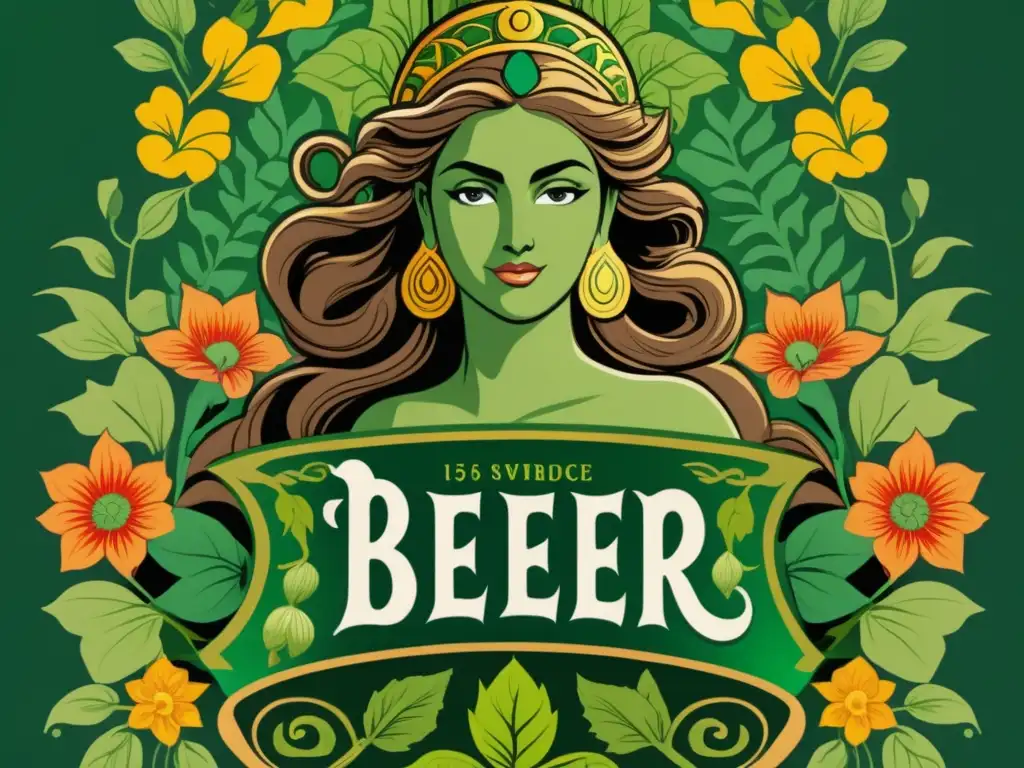 Etiqueta de botella de cerveza con arte inspirado en la mitología Detalle de etiqueta de cerveza con arte inspirado en mitología antigua: El Mito del Lúpulo