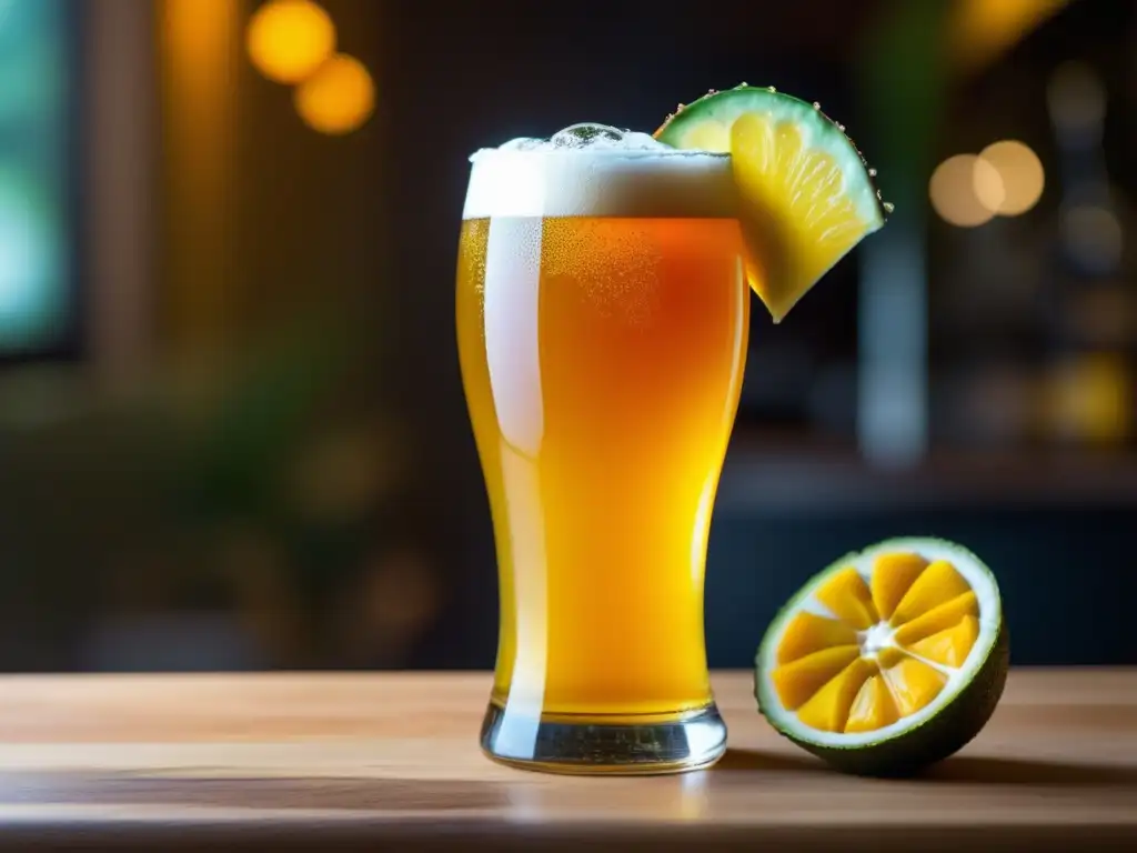 Cerveza de frutas exóticas en vaso Cerveza de sabor exótico con frutas tropicales y burbujas elegantes en vaso, en barra iluminada