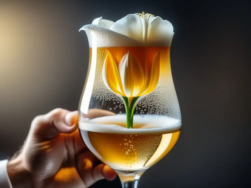 Expert hand holding crystal-clear beer glass Beer sommelier sostiene copa de cerveza dorada, con espuma blanca y burbujas