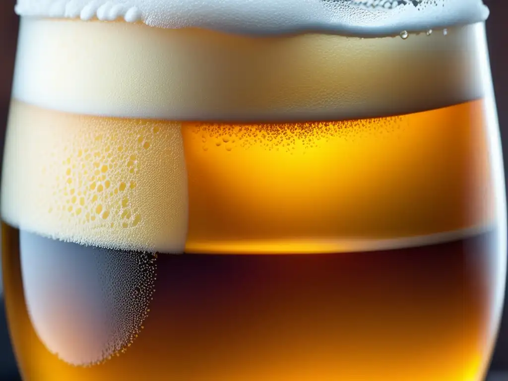 Cerveza artesanal dorada con espuma elegante Una cerveza ámbar perfectamente elaborada, con condensación refrescante, burbujas y espuma coronando el vidrio