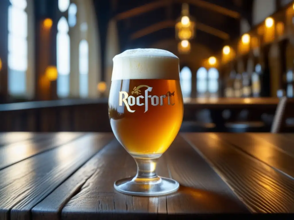 Cerveza Rochefort Abbey: Detalle exquisito de una cerveza dorada, con espuma cremosa y burbujas brillantes