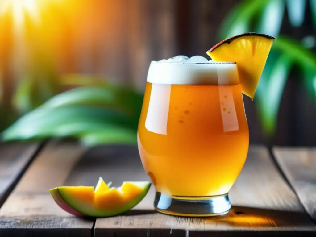 Cerveza artesanal tropical con frutas Cerveza experimental con frutas tropicales en vaso de vidrio