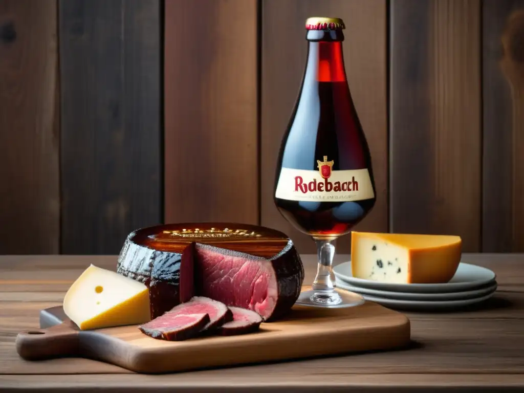 Delicioso festín con cerveza y carnes Detallada imagen de una cerveza Rodenbach Grand Cru con espuma en un vaso sobre mesa de madera rústica