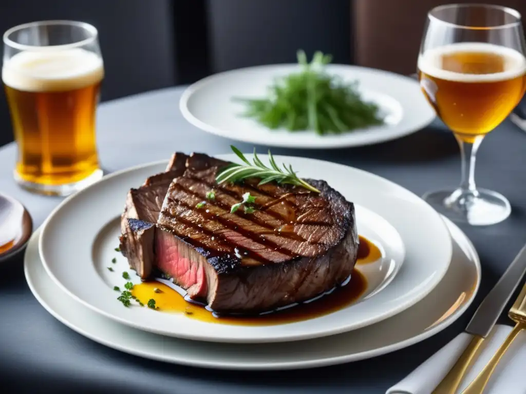 Exquisita mesa con steak perfectamente grillado y cerveza ámbar Deliciosa mesa con cubiertos, copas y platos elegantes