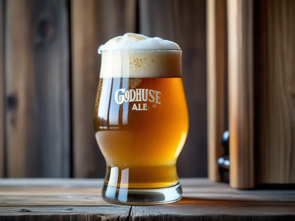 Golden Farmhouse Ale on rustic table Cerveza Farmhouse Ale dorada en vaso de vidrio, con espuma cremosa y burbujas, sobre mesa de madera rústica