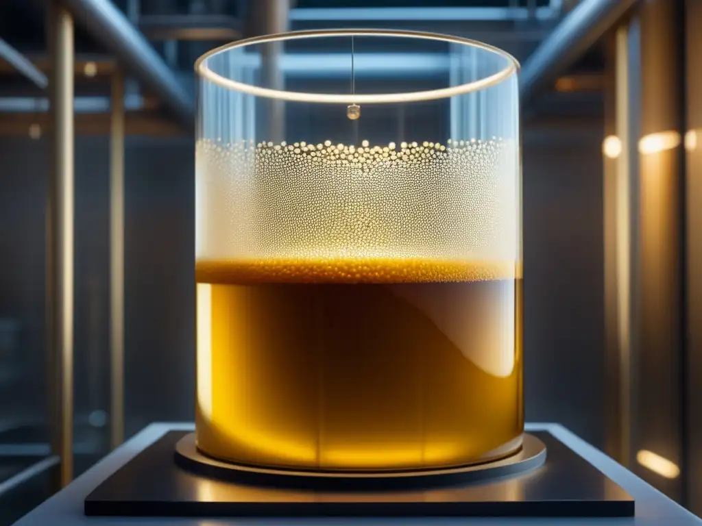 Fascinante proceso de fermentación Métodos de Fermentación: Imagen cautivadora muestra el proceso con detalle, resaltando burbujeante líquido dorado y partículas de levadura flotando
