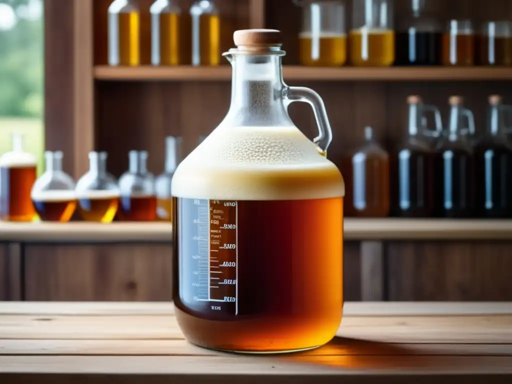 Fermentación de cerveza: Carboy de vidrio con líquido ámbar y espuma de levadura, equipo de homebrewing - De la Teoría a la Práctica