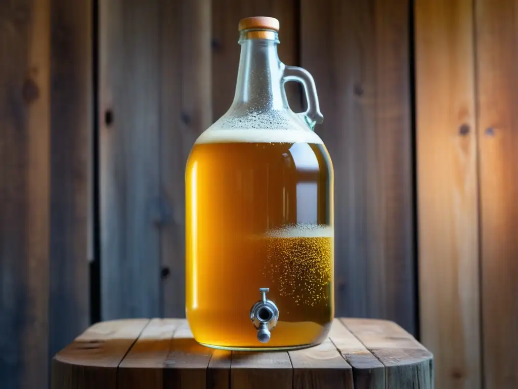 Carboy de cerveza dorada efervescente Saisons y Fermentos: Carboy dorado con burbujas y levadura, proceso de fermentación elegante