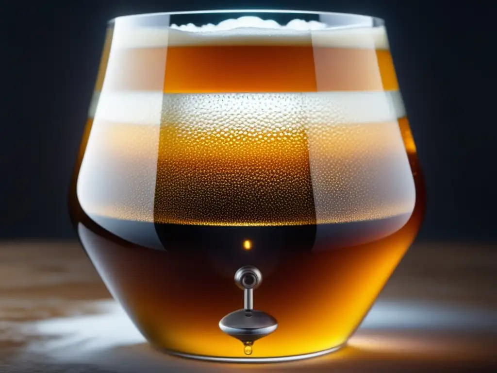 Fermentación de cerveza en vidrio Detalle 8k de fermentación con cerveza ámbar en vaso, burbujeando y remolinos