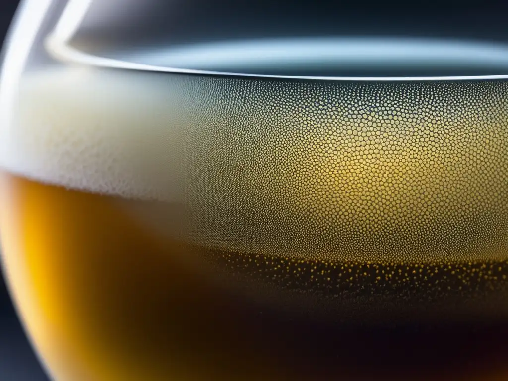 Fermentación primaria: Detalle fascinante del proceso de fermentación en un recipiente de vidrio, con burbujas doradas en movimiento