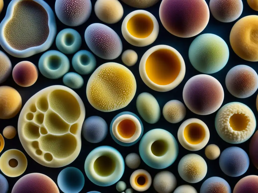 Esencia y proceso de fermentación de la levadura La Biología de la Levadura: imagen detallada de células de levadura en diferentes etapas de fermentación, con estructuras y texturas destacadas